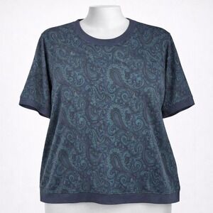 Vtg 90s Paisley Cardigan Sweater Top XL Navy Blue Green Grandma Cottagecore